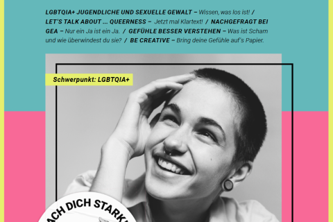 Titelbild LGBTQIA+ Magazin - eine junge Person schaut rechts nach oben